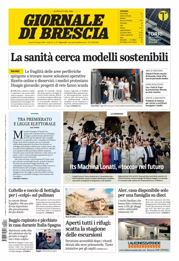 Prima-pagina-giornale di brescia-oggi-edizione-del-2024-06-22